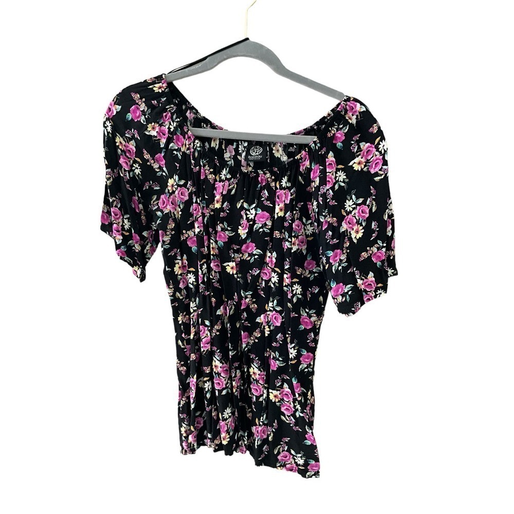 Bobeau Blouse Top Women's Size L‎ Black Floral Off The Shoulder Neck Long Sleeve
